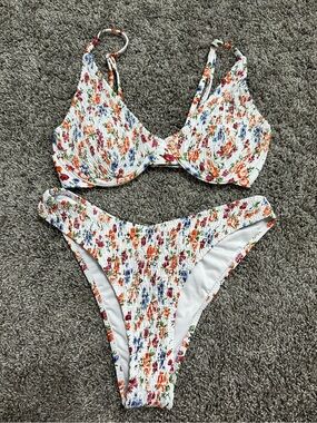 SHEIN White Smocked Floral Underwire Bikini - Orange Pink Purple Green